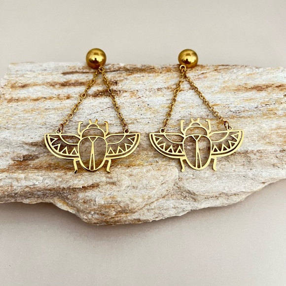 Ancient Egyptian Beetle Trendy Earrings - Egyptian Scarab Beetle Edgy Earrings - Picture 8 of 17